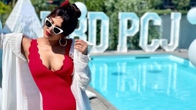 Priyanka Chopra in a scalloped swimsuit. Priyanka Chopra in a scalloped swimsuit.