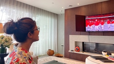 Priyanka Chopra watching the Tokyo Olympics opening ceremony at her London home. Priyanka Chopra watching the Tokyo Olympics opening ceremony at her London home.