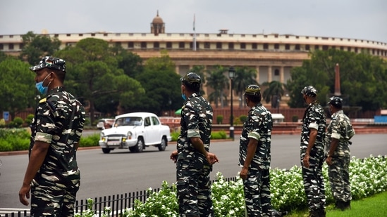 Security personnel stand guard outside the Parliament House in New Delhi. (ANI Photo) Security personnel stand guard outside the Parliament House in New Delhi. (ANI Photo)