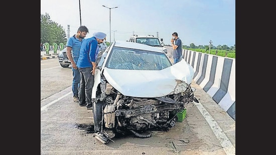 The car that rammed into the bike near Ladhowal in Ludhiana on Friday. (HT photo)
