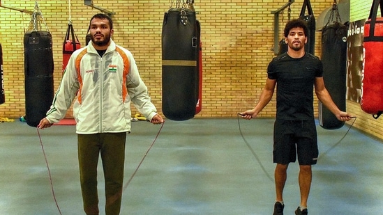 Olympic-bound boxer Vikas Krishan trains with fellow boxer Neeraj Goyat in Assisi, Italy. (PTI Photo)(PTI) Olympic-bound boxer Vikas Krishan trains with fellow boxer Neeraj Goyat in Assisi, Italy. (PTI Photo)(PTI)