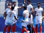 Harmanpreet Singh of India celebrates after scoring against New Zealand in men's hockey Pool A match at the Tokyo Olympics 2020.