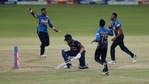 Sri Lankan team members Avishka Fernando, left, Dasun Shanaka, right, Dhananjaya de Silva celebrate the dismissal of India's Manish Pandey during the second one-day international cricket match.(AP) Sri Lankan team members Avishka Fernando, left, Dasun Shanaka, right, Dhananjaya de Silva celebrate the dismissal of India's Manish Pandey during the second one-day international cricket match.(AP)