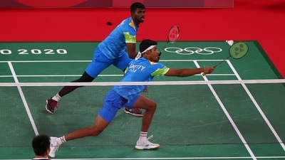 Tokyo 2020 Olympics - Badminton - Men's Doubles - Group Stage - MFS - Musashino Forest Sport Plaza, Tokyo, Japan – July 24, 2021. Chirag Shetty of India in action during the match with Satwiksairaj Rankireddy against Lee Yang of Taiwan and Wang Chi-Lin of Taiwan. REUTERS/Leonhard Foeger (REUTERS)