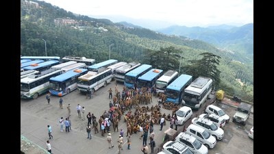 Himachal Road Transport Corporation (HRTC) drivers and conductors raise slogans during statewide strike for their demands at old bus stand, Shimla on Saturday. (Deepak Sansta/HT)