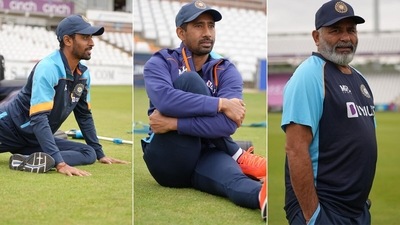 (From Left): Abhimanyu Easwaran, Wriddhiman Saha and Bharat Arun. (BCCI) (From Left): Abhimanyu Easwaran, Wriddhiman Saha and Bharat Arun. (BCCI)