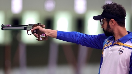 Tokyo 2020 Olympics - Shooting - Men's 10m Air Pistol - Qualification - Asaka Shooting Range, Tokyo, Japan - July 24, 2021. Chaudhary Saurabh of India crashed out in the qualification round, finishing 17th. REUTERS/Ann Wang(REUTERS)