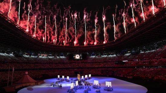 Fireworks explode during the opening ceremony of the Tokyo 2020 Olympic Games at the National Stadium in Tokyo, Japan, on Friday, July 23, 2021. (Bloomberg)