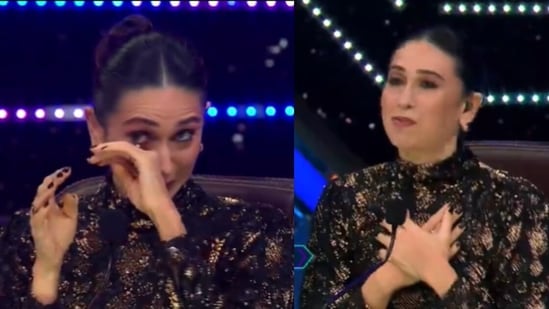 Karisma Kapoor tears up on the sets of Super Dancer 4. 