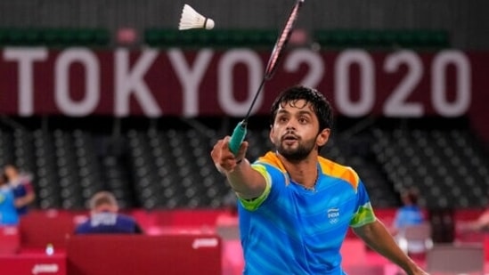 India's B. Sai Praneeth plays against Israel's Misha Zilberman during their men's singles badminton match at the 2020 Summer Olympics, Saturday, July 24, 2021, in Tokyo, Japan. (AP Photo/Dita Alangkara)(AP)