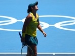 Ashleigh Barty of Australia reacts after losing her first-round match against Sara Sorribes of Spain.