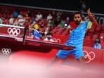 Sathiyan Gnanasekaran of India in action against Lam Siu Hang of Hong Kong REUTERS/Thomas Peter