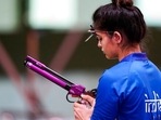Manu Bhaker, of India, competes in the women's 10-meter air pistol at the Asaka Shooting Range in the 2020 Summer Olympics,