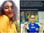 Swara Bhasker reacted to a meme unfavourably comparing her and Taapsee Pannu with Manika Batra. Swara Bhasker reacted to a meme unfavourably comparing her and Taapsee Pannu with Manika Batra.