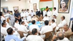 AICC General Secretary Ajay Maken and KC Venugopal with MLAs after the meeting at state party office. (HT photo) AICC General Secretary Ajay Maken and KC Venugopal with MLAs after the meeting at state party office. (HT photo)