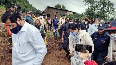 Maharashtra Chief Minister Uddhav Thackeray visits Taliye village of Mahad, Raigad to review the flood-like situation following incessant rain in the area, on July 24. (ANI) Maharashtra Chief Minister Uddhav Thackeray visits Taliye village of Mahad, Raigad to review the flood-like situation following incessant rain in the area, on July 24. (ANI)