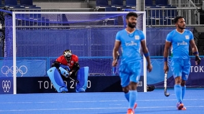 India goalkeeper Sreejesh Parattu Raveendran sits in his goal after giving up seven goals to Australia during a men's field hockey match at the 2020 Summer Olympics, Sunday, July 25, 2021, in Tokyo, Japan. (AP Photo/John Minchillo) (AP) India goalkeeper Sreejesh Parattu Raveendran sits in his goal after giving up seven goals to Australia during a men's field hockey match at the 2020 Summer Olympics, Sunday, July 25, 2021, in Tokyo, Japan. (AP Photo/John Minchillo) (AP)
