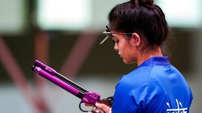 Manu Bhaker, of India, competes in the women's 10-meter air pistol at the Asaka Shooting Range in the 2020 Summer Olympics, (AP)