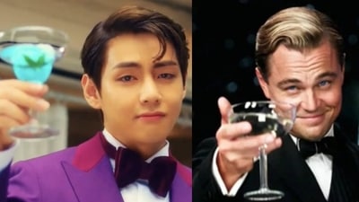 BTS singer V got compared to Leonardo DiCaprio after he was seen raising a toast in Peakboy's new song Gyopo Hairstyle. BTS singer V got compared to Leonardo DiCaprio after he was seen raising a toast in Peakboy's new song Gyopo Hairstyle.