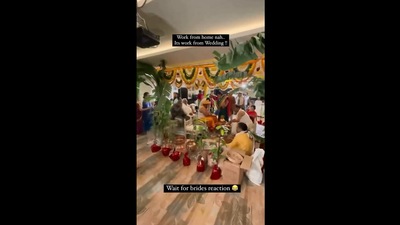 The image shows the groom working on laptop at mandap. (Instagram/@dulhaniyaa)