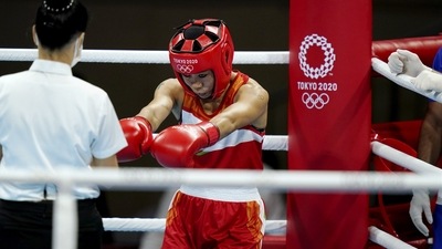 Indian boxer Mary Kom in action at the 2020 Summer Olympics (PTI) Indian boxer Mary Kom in action at the 2020 Summer Olympics (PTI)