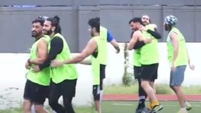 Ranveer Singh and MS Dhoni at a football match in Mumbai on Sunday. (Varinder Chawla)
