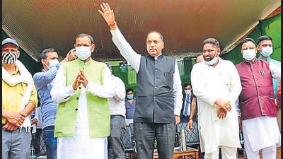 CM Jai Ram Thakur at Darang in Mandi on Sunday. (Birbal Sharma/HT)