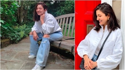 She accessorised her look with gold hoop earrings, a golden pendant and a black sling bag. (Instagram/@anushkasharma)