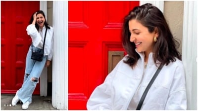 For her outing with Athiya Shetty, Anushka Sharma wore a white crop top which she teamed with wide-cut ripped denims, a white crop jacket and white sneakers. (Instagram/@anushkasharma)