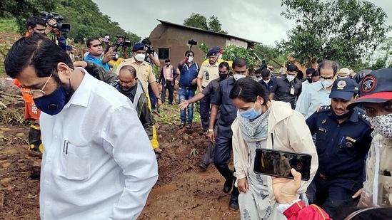 Maharashtra Chief Minister Uddhav Thackeray visits Taliye village of Mahad, Raigad to review the flood-like situation following incessant rain in the area, on July 24.(ANI)