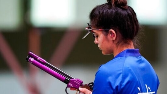Manu Bhaker, of India, competes in the women's 10-meter air pistol at the Asaka Shooting Range in the 2020 Summer Olympics, Sunday, July 25, 2021, in Tokyo, Japan. (AP Photo/Alex Brandon)(AP)