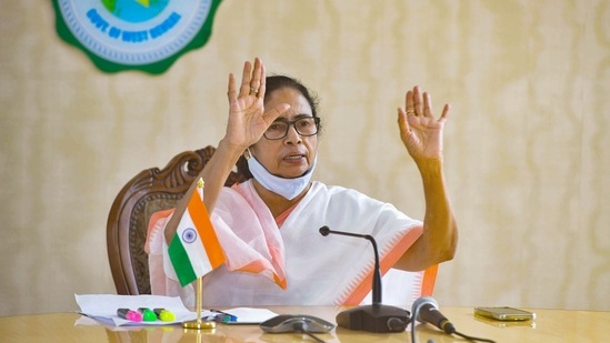 Mamata Banerjee’s visit to New Delhi, the Congress put out a post on Twitter wherein it hit out at the central government over the Pegasus row for targeting TMC MP Abhishek Banerjee.(PTI)