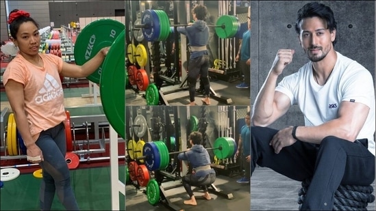 Tiger Shroff takes weightlifting inspo from Mirabai Chanu, lifts 140 kgs during barbell front squat(Instagram/tigerjackieshroff/mirabai_chanu)