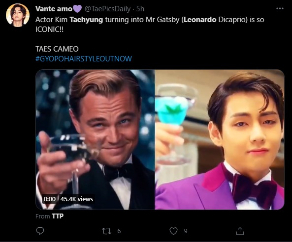 BTS member V, who appeared in Peakboy's new song, is compared with Leonardo DiCaprio.