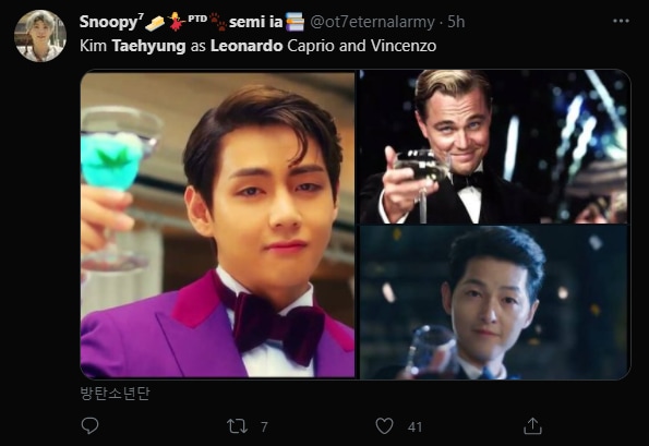 BTS fans compare V with Song Joong-ki's Vincenzo and Leonardo DiCaprio.