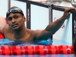 Sajan Prakash of India rests after his heat in the men's 200-meter butterfly at the 2020 Summer Olympics, Monday, July 26, 2021, in Tokyo, Japan.