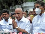 BS Yediyurappa (C) gestures as he speaks to the medias outside the Governor's official residence Raj Bhavan after tendering resignation to his post in Bengaluru. (AFP) BS Yediyurappa (C) gestures as he speaks to the medias outside the Governor's official residence Raj Bhavan after tendering resignation to his post in Bengaluru. (AFP)