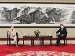 US Deputy Secretary of State Wendy Sherman and Chinese Foreign Minister Wang Yi sit together in Tianjin, China on Monday.(AP Photo) US Deputy Secretary of State Wendy Sherman and Chinese Foreign Minister Wang Yi sit together in Tianjin, China on Monday.(AP Photo)