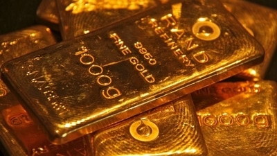 Gold bars are displayed at a gold jewellery shop in Chandigarh. Image used for representation. (Reuters)