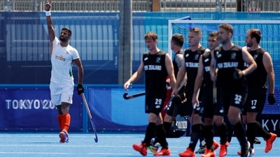 Rupinder Pal Singh of India celebrates after scoring against New Zealand during Men's Hockey Pool A match, at Oi Hockey Stadium, in Tokyo, on July 24. India went onto beat New Zealand with a final scoreline of 3-2. (Phil Noble / REUTERS) Rupinder Pal Singh of India celebrates after scoring against New Zealand during Men's Hockey Pool A match, at Oi Hockey Stadium, in Tokyo, on July 24. India went onto beat New Zealand with a final scoreline of 3-2. (Phil Noble / REUTERS)