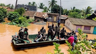 Indian Army personnel rescued stranded villagers from submerged areas following incessant rain in Bastwad, Karnataka and Kolhapur, Maharashtra on Sunday. (ANI Photo) Indian Army personnel rescued stranded villagers from submerged areas following incessant rain in Bastwad, Karnataka and Kolhapur, Maharashtra on Sunday. (ANI Photo)