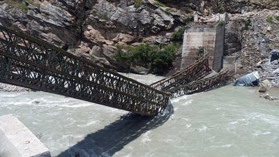 A bridge collapsed due to a landslide at Batseri of Sangla valley in Kinnaur District on Sunday. (ANI Photo)