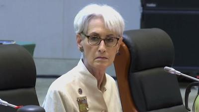 US deputy secretary of state Wendy Sherman looks up before talks with Chinese officials in Tianjin, China, on Monday. (AP) US deputy secretary of state Wendy Sherman looks up before talks with Chinese officials in Tianjin, China, on Monday. (AP)