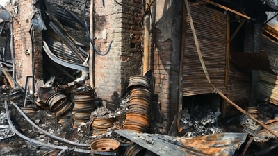 A view of a tyre shop that was set on fire in the Delhi riots at Gokulpuri Delhi last year. A view of a tyre shop that was set on fire in the Delhi riots at Gokulpuri Delhi last year.