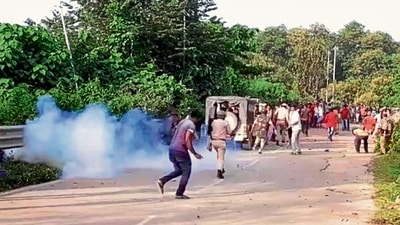 Policemen during a clash at Assam-Mizoram border at Lailapur in Cachar district on Monday. (PTI) Policemen during a clash at Assam-Mizoram border at Lailapur in Cachar district on Monday. (PTI)