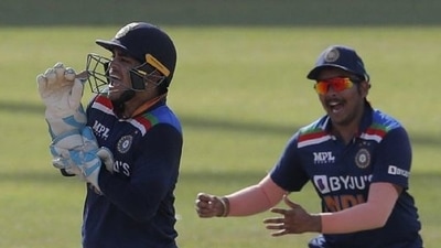 Ishan Kishan celebrates.