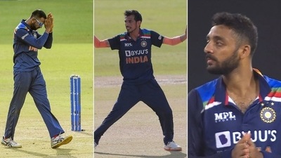 Indian spin trio of Krunal Pandya, Yuzvendra Chahal and Varun Chakravarthy (HT Collage)