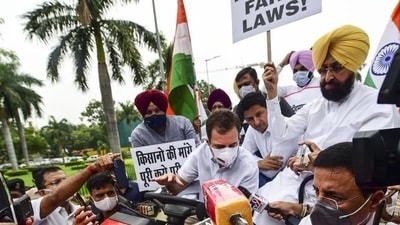 Congress leader Rahul Gandhi on a tractor outside the Parliament, in support of farmers' agitation against Centre's farm laws, in New Delhi on Monday, July 26. (PTI) Congress leader Rahul Gandhi on a tractor outside the Parliament, in support of farmers' agitation against Centre's farm laws, in New Delhi on Monday, July 26. (PTI)