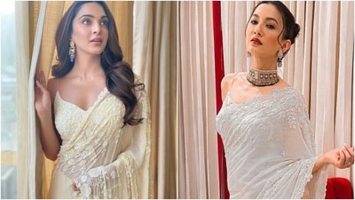 Kiara Advani in ₹66k floral saree takes cues from Gauahar Khan for Shershaah trailer launch (Instagram/@kiaraaliadvani, @gauaharkhan) Kiara Advani in ₹66k floral saree takes cues from Gauahar Khan for Shershaah trailer launch (Instagram/@kiaraaliadvani, @gauaharkhan)