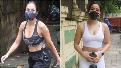 Malaika Arora and Neha Sharma were snapped out and about in Mumbai. The two stars enjoyed their day out in chic gym wear and showed us how to style sports bras to make street-ready ensembles look chicer. (Varinder Chawla) Malaika Arora and Neha Sharma were snapped out and about in Mumbai. The two stars enjoyed their day out in chic gym wear and showed us how to style sports bras to make street-ready ensembles look chicer. (Varinder Chawla)